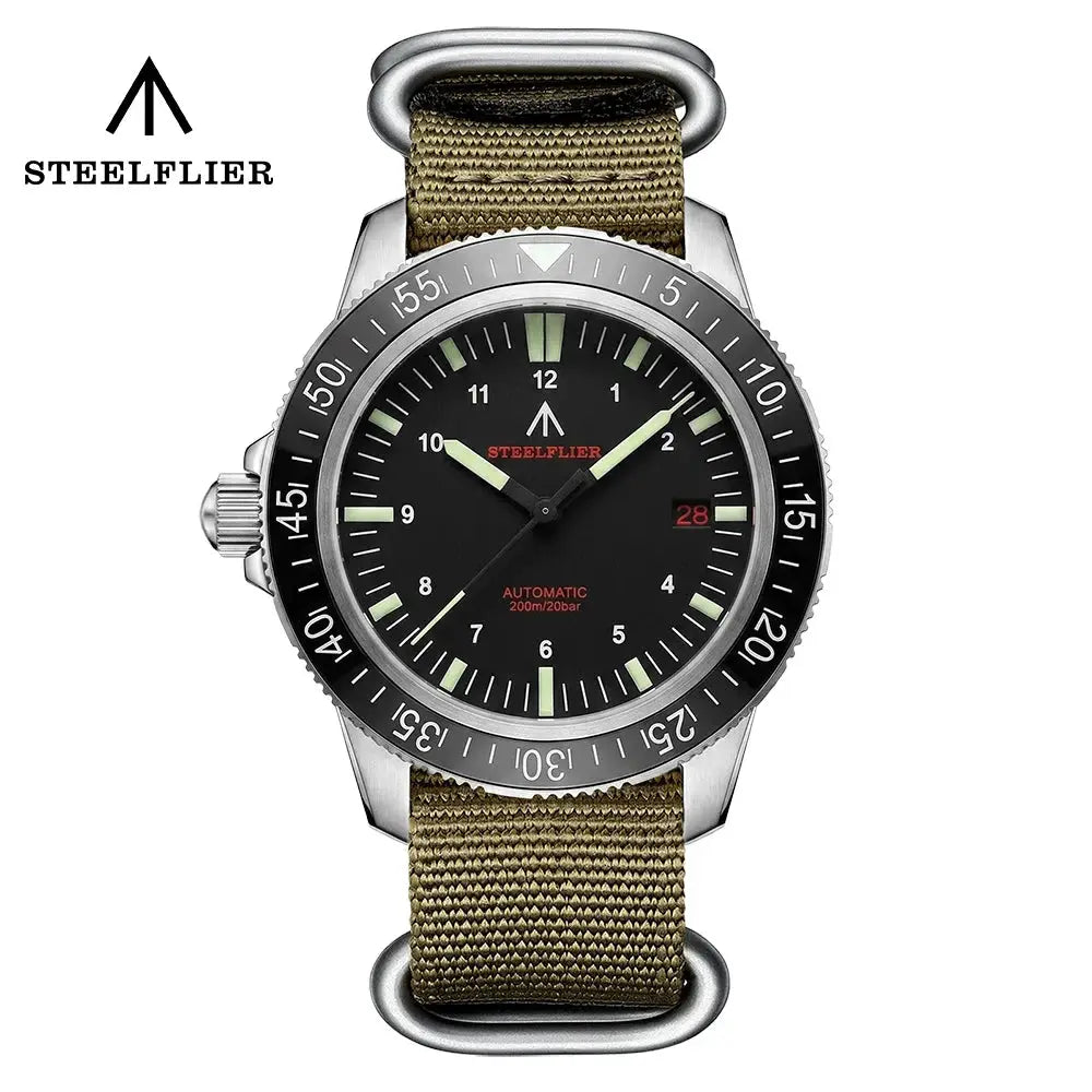 STEELFLIER SF783 automatic dive watch with black dial, olive fabric strap, ceramic bezel, 20bar water resistance