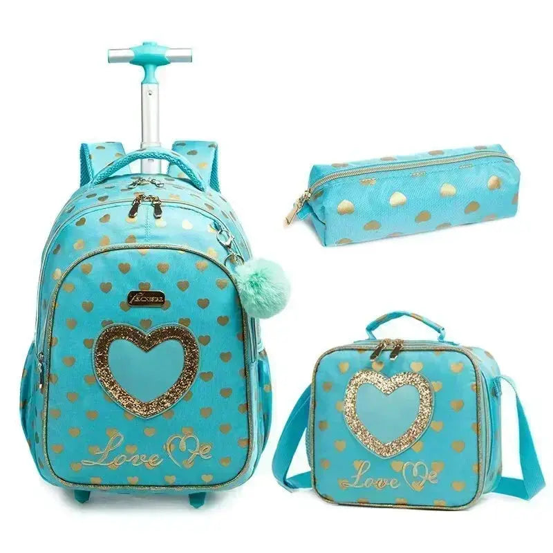 Simples Market turquoise three-piece children's wheeled backpack set with lunch box and bag