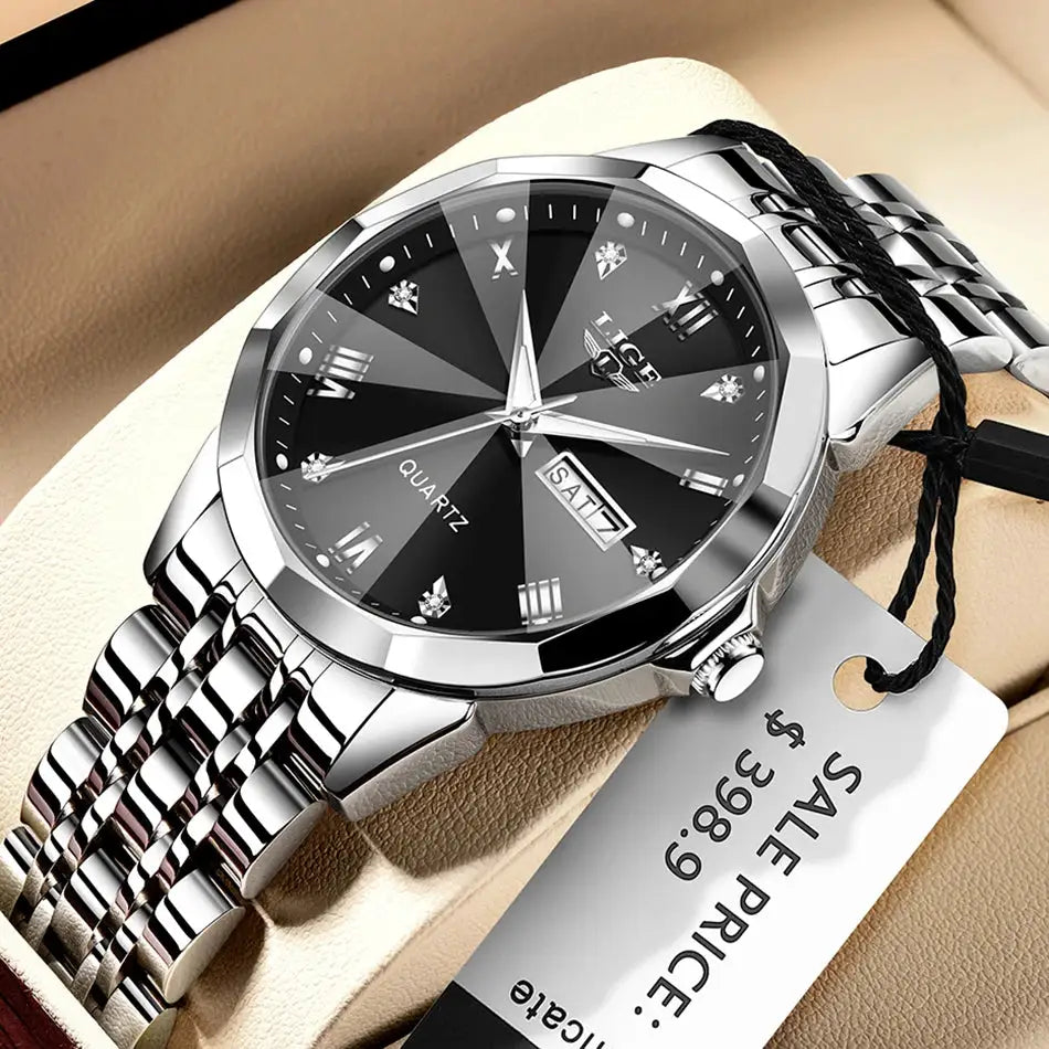 LIGE women's quartz stainless steel watch with black dial and date window