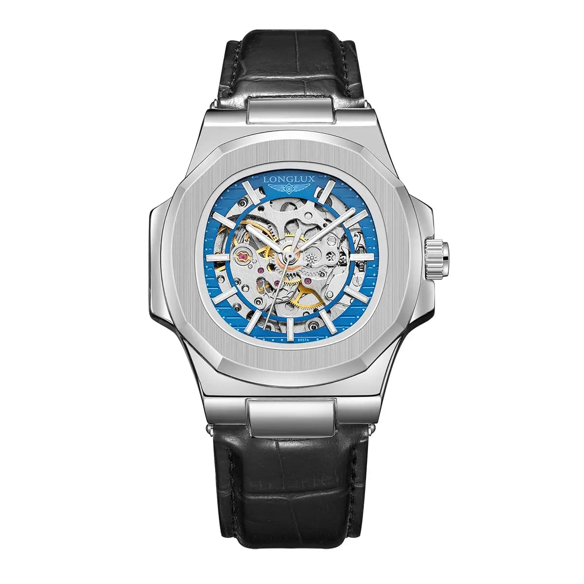 Men's skeleton automatic watch with blue dial, silver case and black leather strap, LongLux.