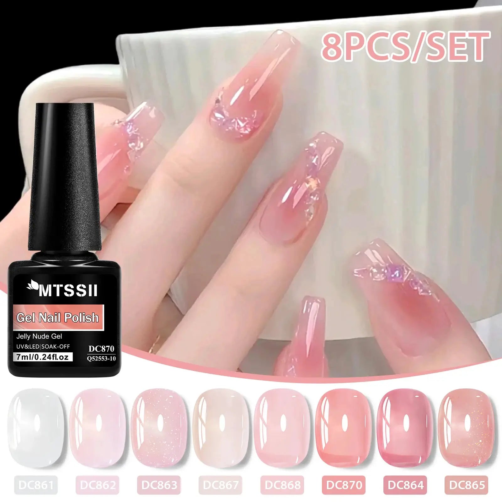 8pcs nude jelly gel nail polish set with box; translucent pink shades and swatches