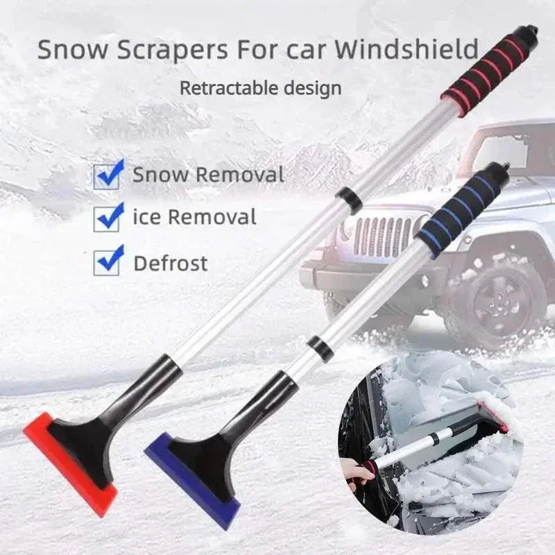 Two extendable aluminum snow brushes with red and blue ice-scraper heads for car windshields by Simples Market