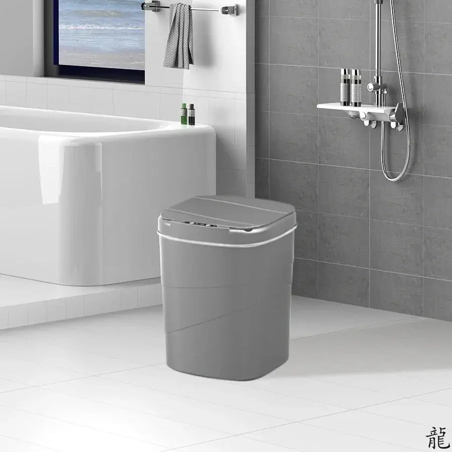 Smart sensor touchless trash can, battery-powered, grey plastic for bathroom use