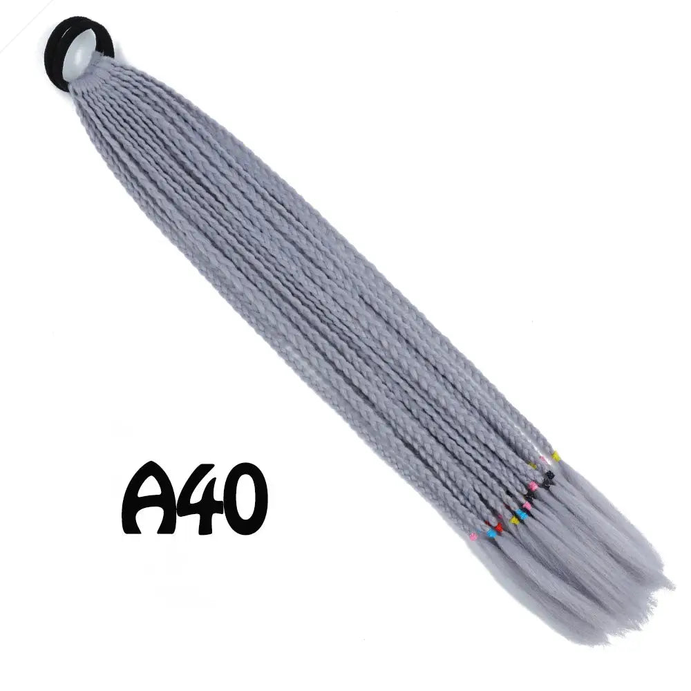 Braided ponytail extension by Simples Market in gray gradient with elastic band, 24in, colorful bead accents