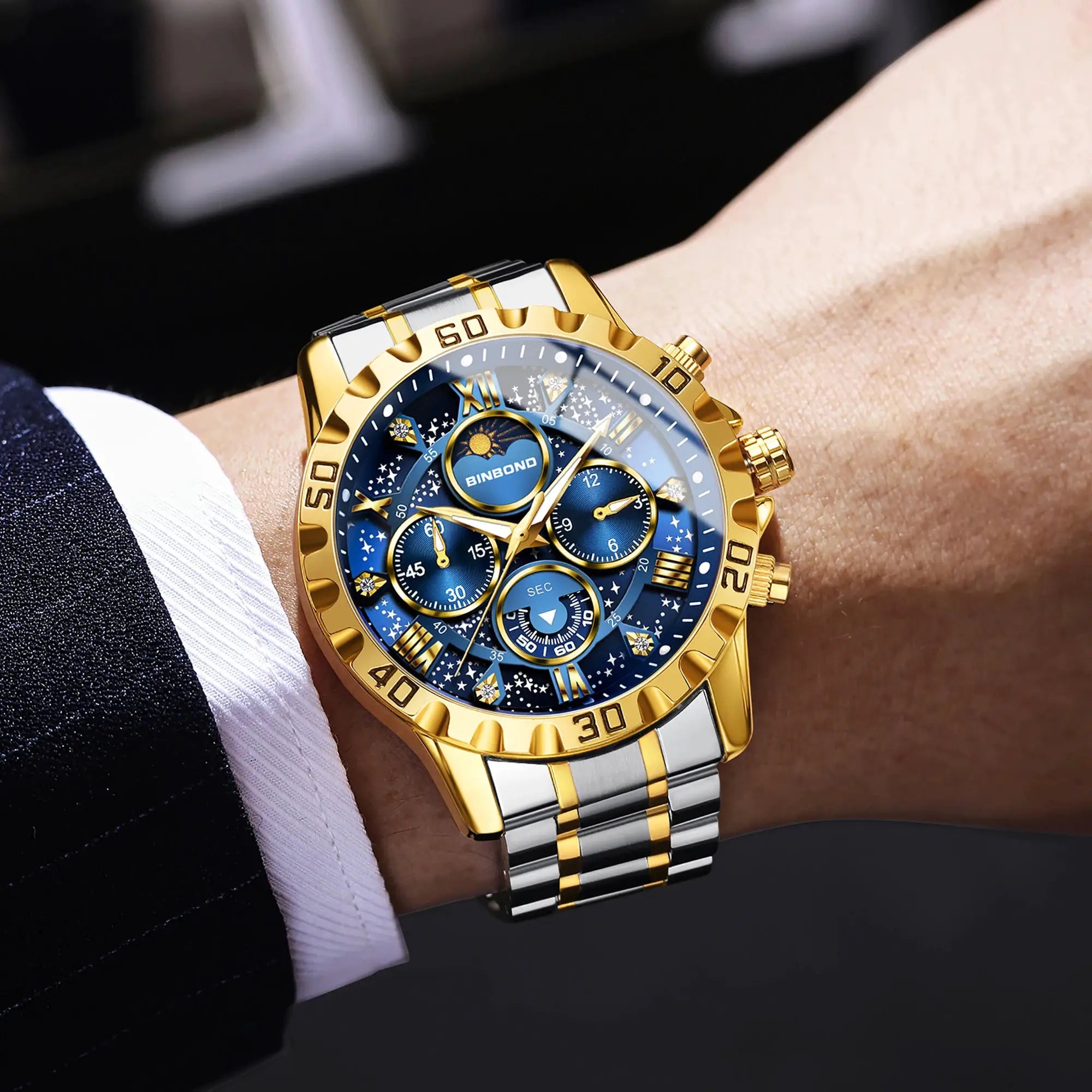 BINBOND men's luxury quartz chronograph watch with blue dial and gold and silver stainless steel bracelet