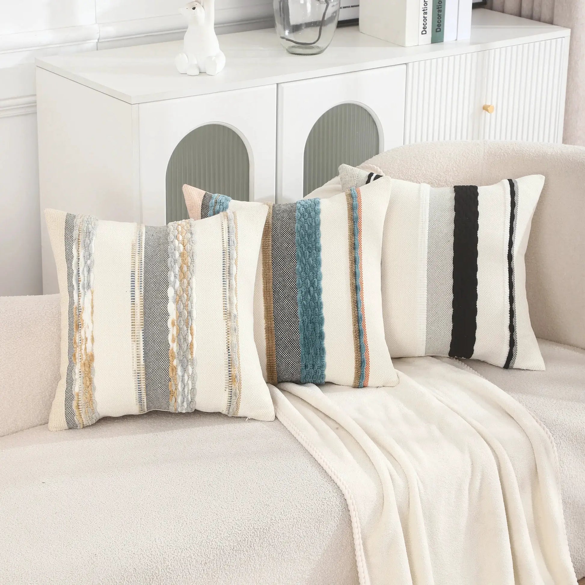 Boho striped throw pillow covers, 18x18 inches, chenille texture, decorative square cushions, set of 4