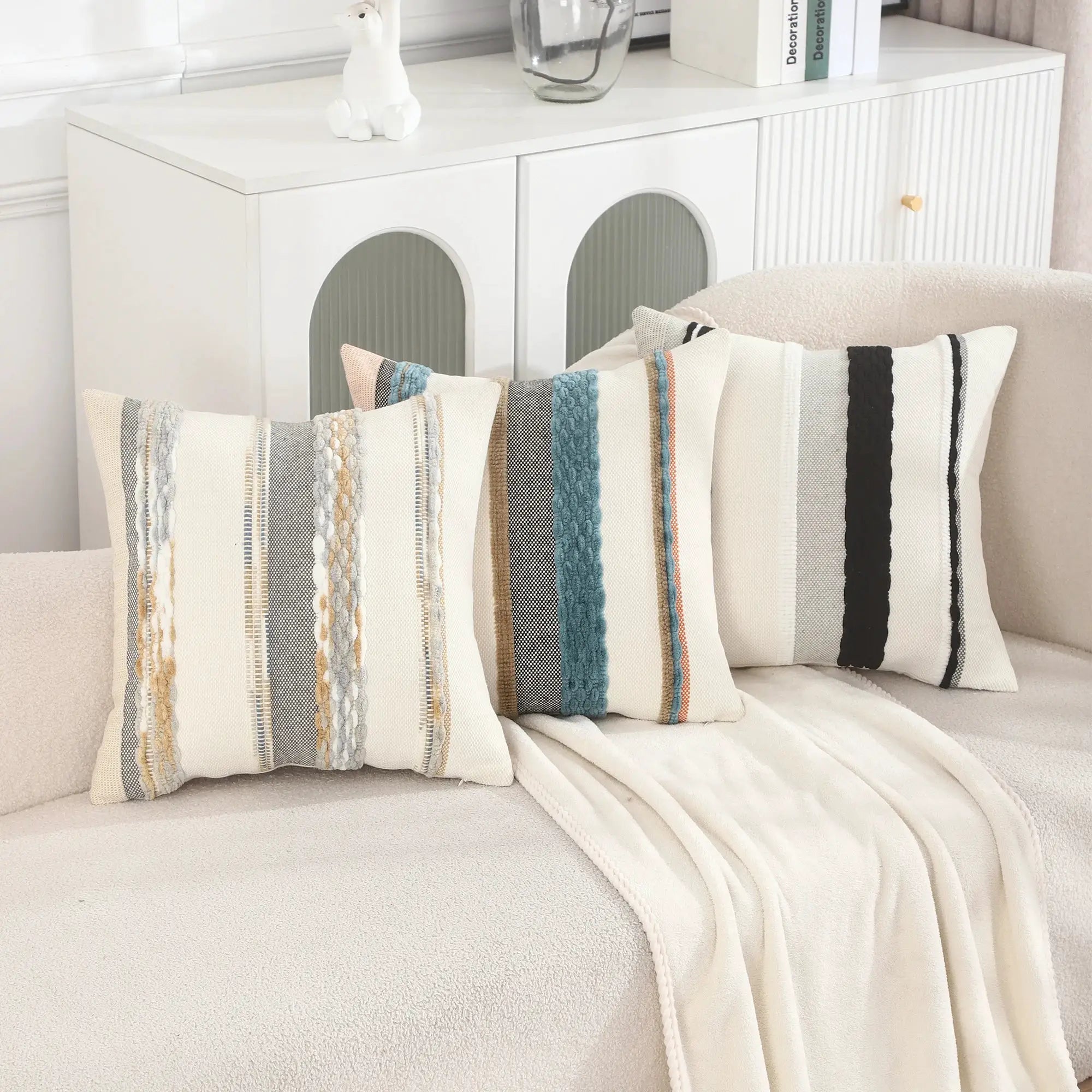 Boho striped throw pillow covers, 18x18 inches, chenille texture, decorative square cushions, set of 4