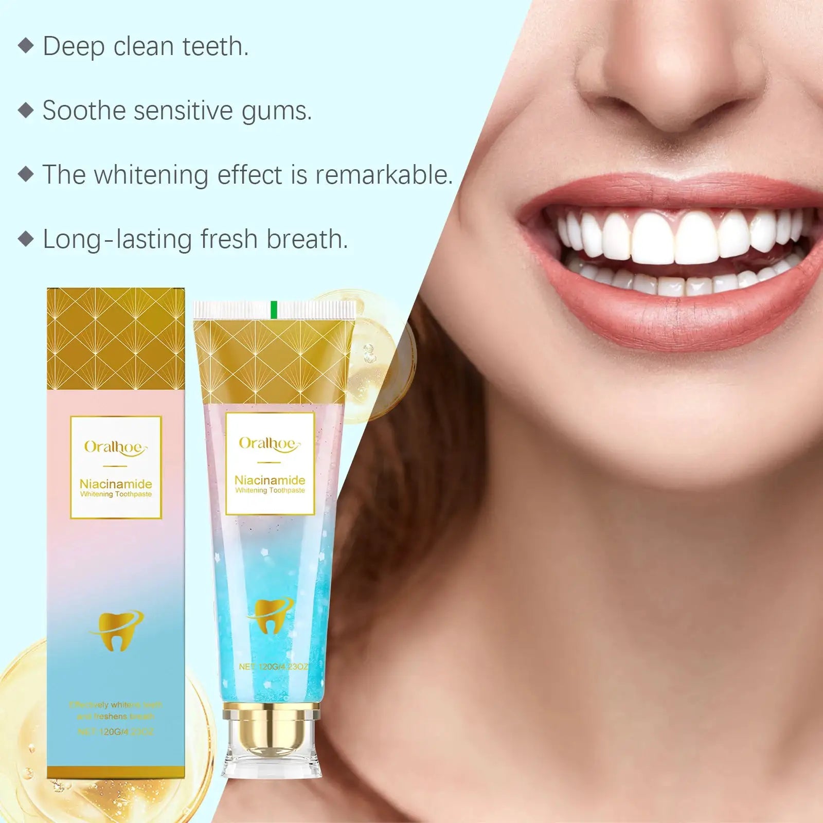 Niacinamide Whitening Toothpaste by Simples Market; gold geometric packaging with gradient blue tubes, 2 tubes shown