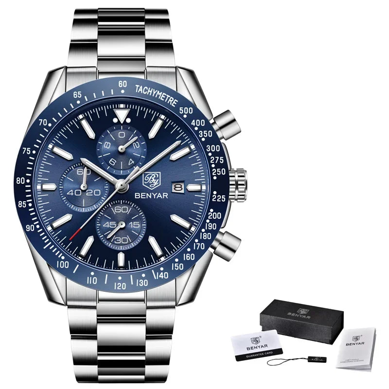 Men's BENYAR stainless steel luxury chronograph watch with blue dial, tachymeter bezel and date window
