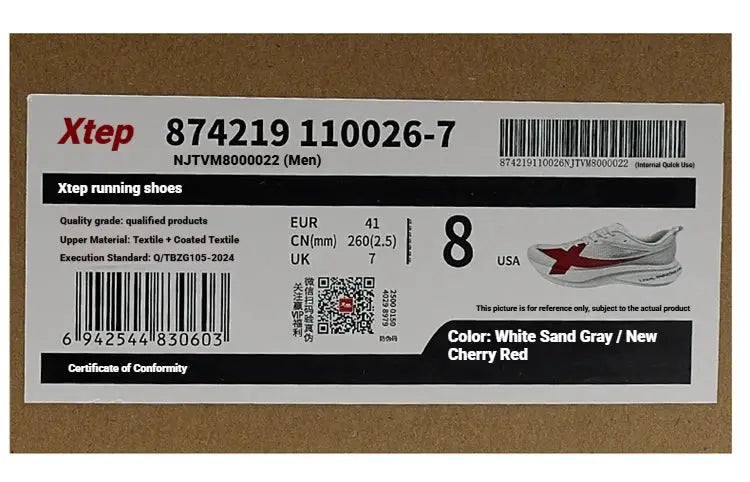 Xtep running shoes label, size US 8, color White Sand Gray / New Cherry Red.