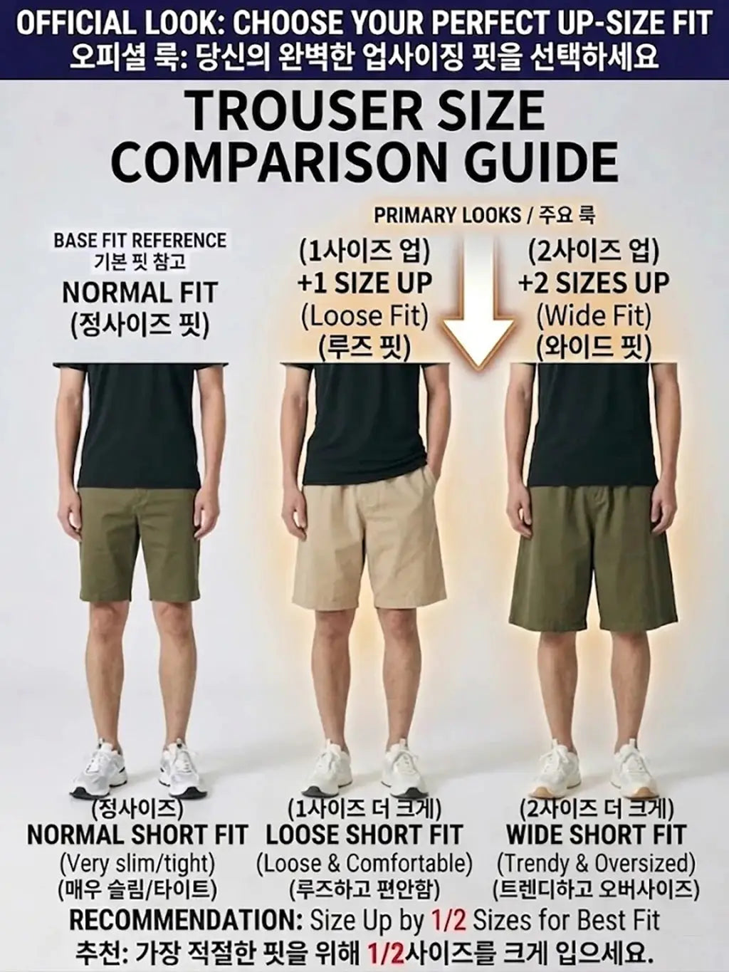 Summer men's sport shorts with pockets by Simples Market; size-up fit guide shows normal/loose/wide in olive and khaki