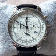 Zeppelin men's automatic chronograph watch with white dial, silver case, black leather strap and tachymeter
