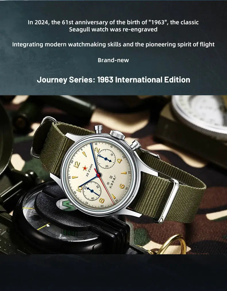 Seagull 1963 International Edition wristwatch with cream dial, gold numerals, blue subdials and olive green NATO strap