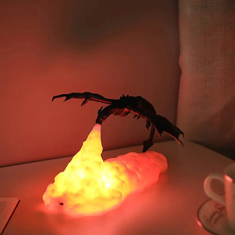 Simples Market 3D-printed fire dragon LED desktop lamp on a rocky base, USB-rechargeable with warm orange glow