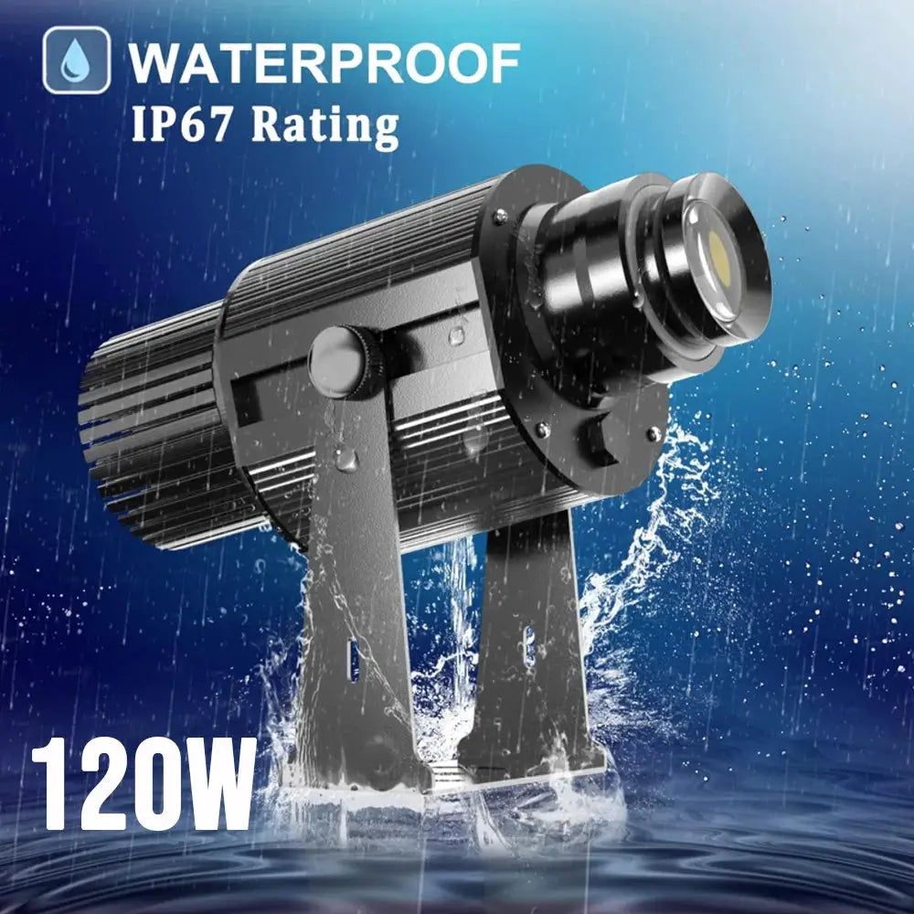 Gobo projector light, black outdoor 120W waterproof LED, rotating logo spotlight