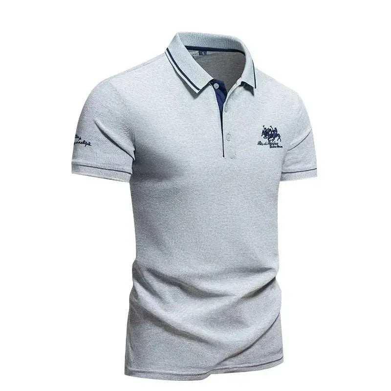 Simples Market men's light gray short-sleeve polo shirt with embroidered chest logo and navy striped collar