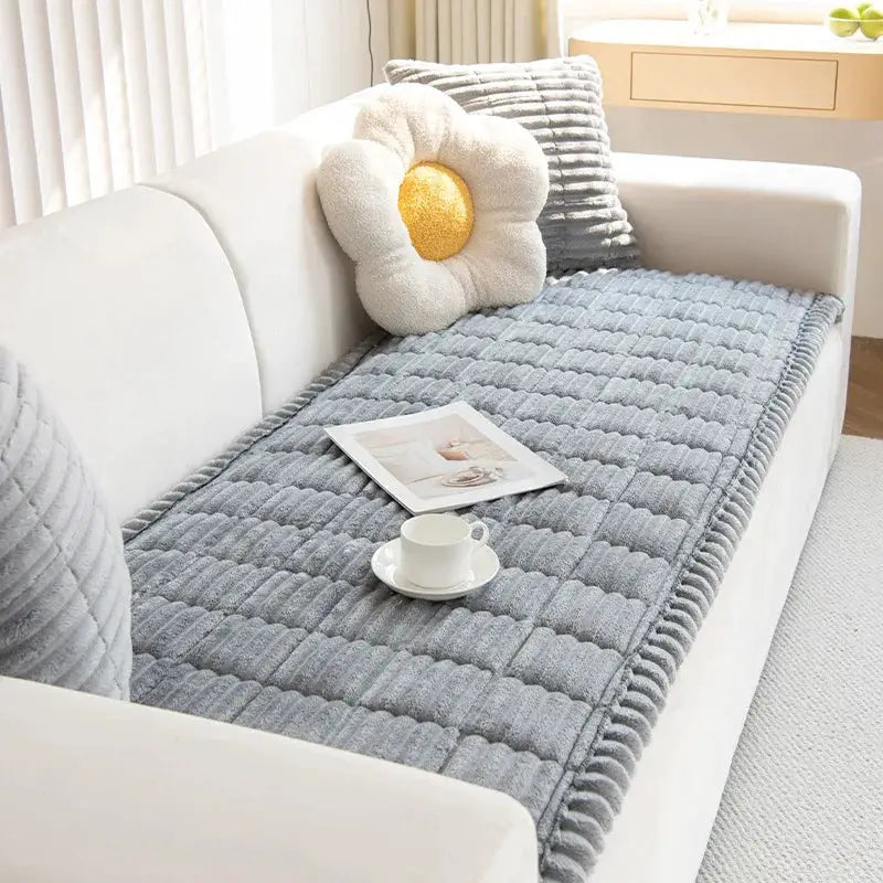 Thicken Quilting Warm Stripe Flannel Sofa Pad, gray quilted winter sofa cover by Simples Market
