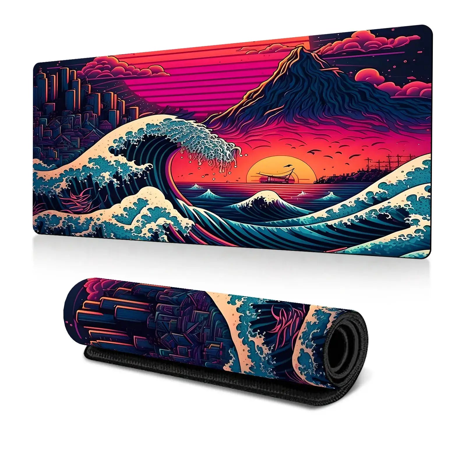 Japanese Sea Wave Large Mouse Pad Anime Black Gaming Extended Desk Mat 3mm Thick Non Slip Rubber Base