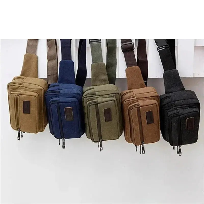 Simples Market canvas waist bag set of 5 in tan, blue, olive, brown, black with zip pockets