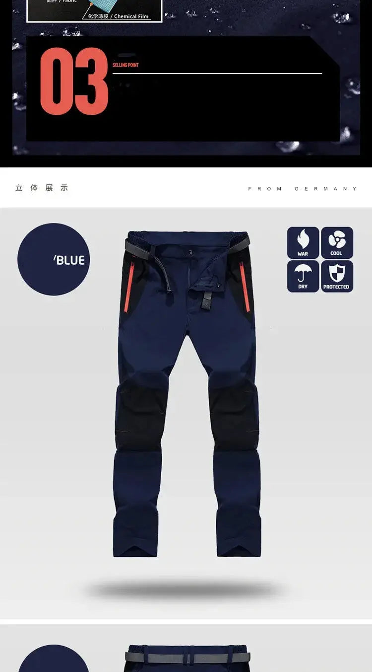 Simples Market tactical waterproof cargo pants for men, 4XL navy blue quick-dry trekking trousers with red zips.