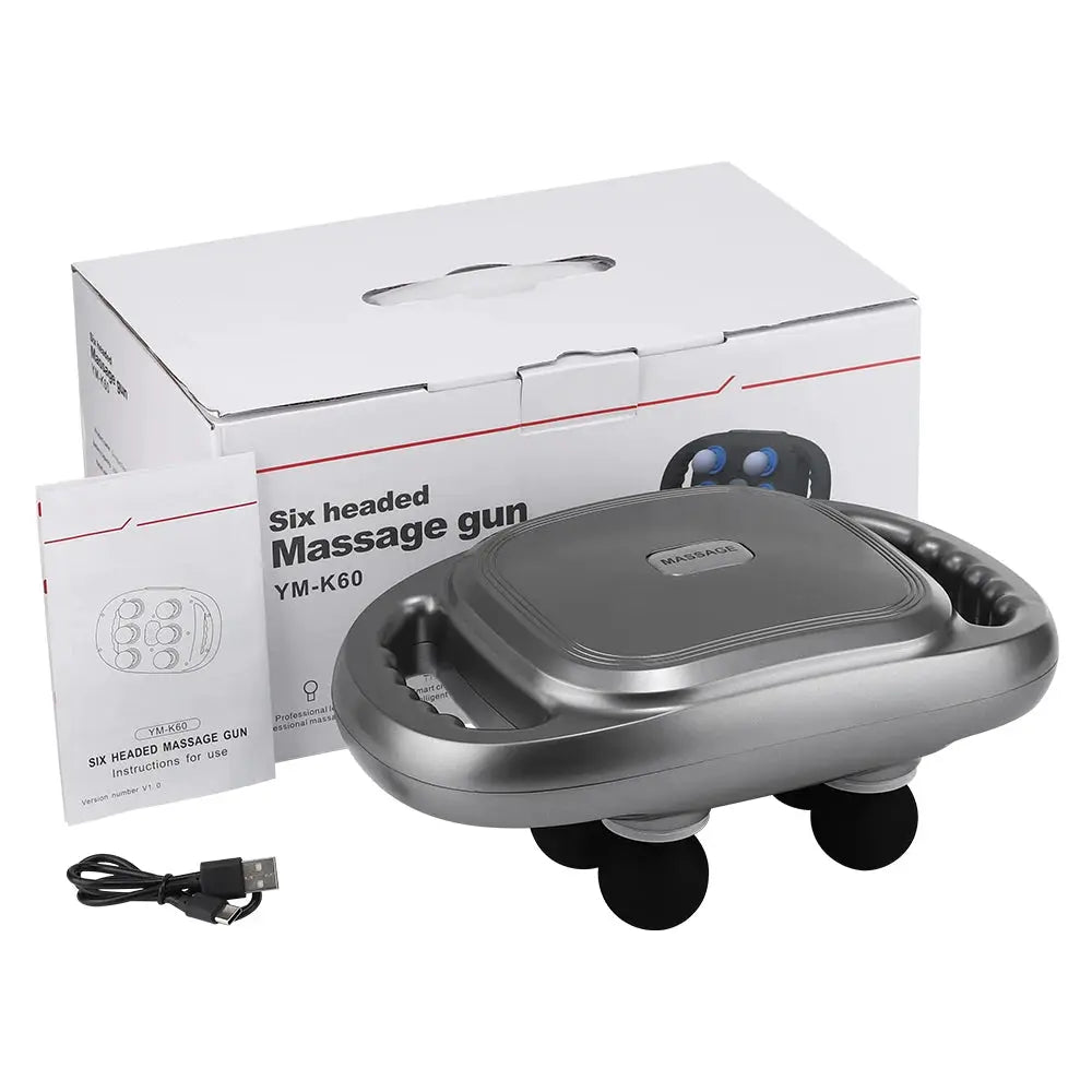 Six-headed massage gun by Simples Market, grey body with six heads, USB cable and box.