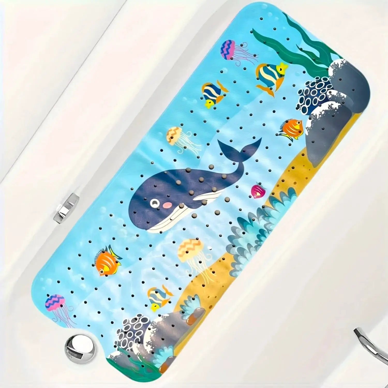 Cartoon bathtub mat, Simples Market, extra-long 40x100cm, sea life design, non-slip with suction cups and drain holes