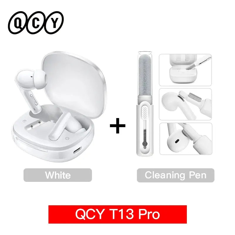 QCY T13 Pro wireless earbuds in white with charging case and cleaning pen by Simples Market