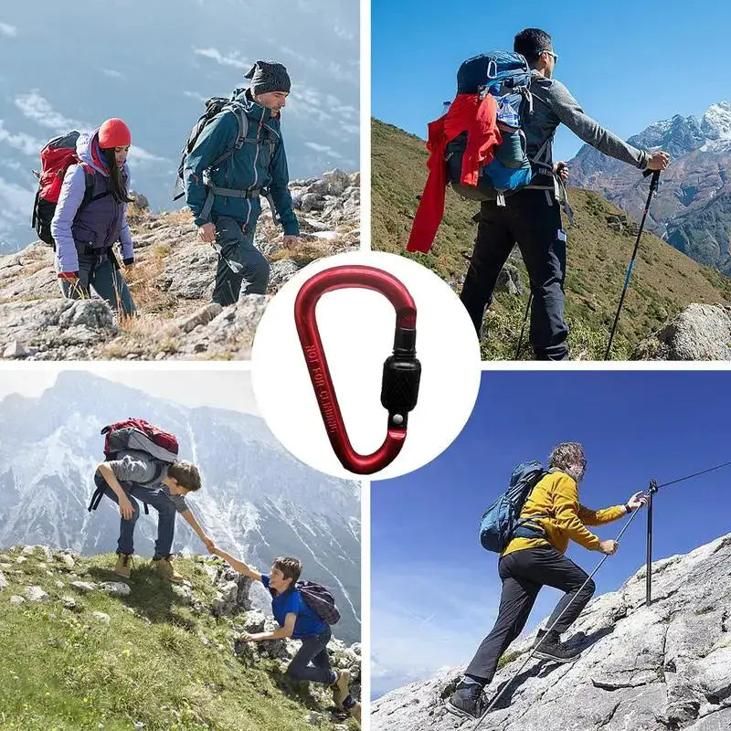 Carabiner keychain by Simples Market, red aluminum locking D-shaped with screw-lock for camping.