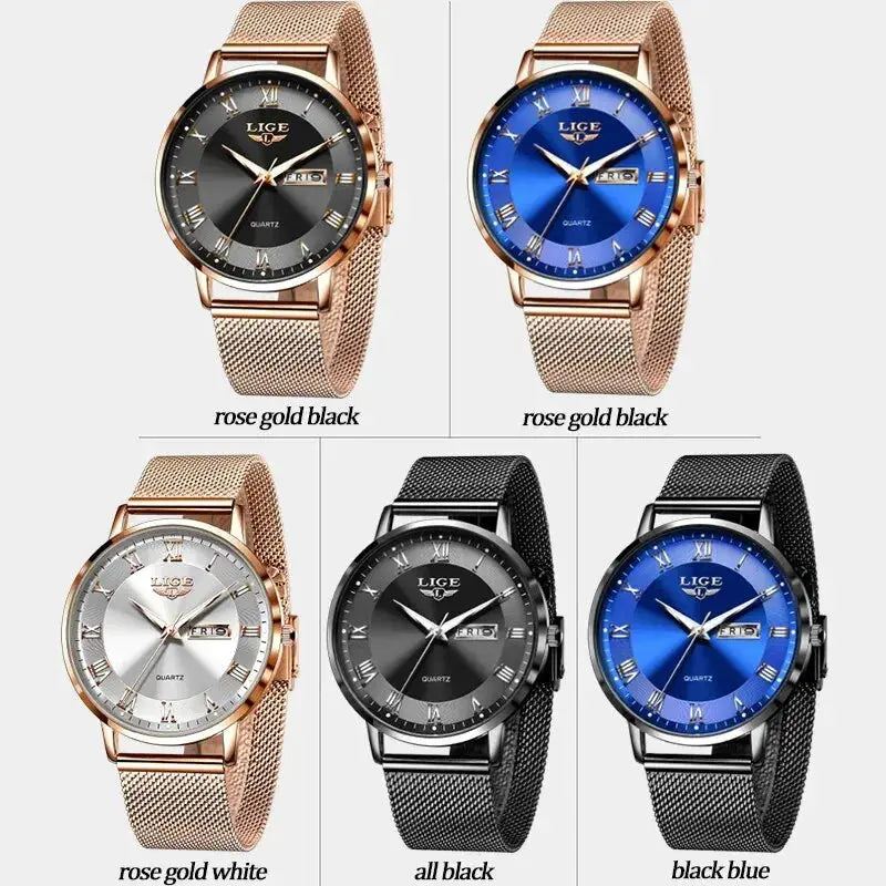 LIGE women’s quartz bracelet watches; six variants with rose-gold and black mesh bands and blue, black, or white dials.