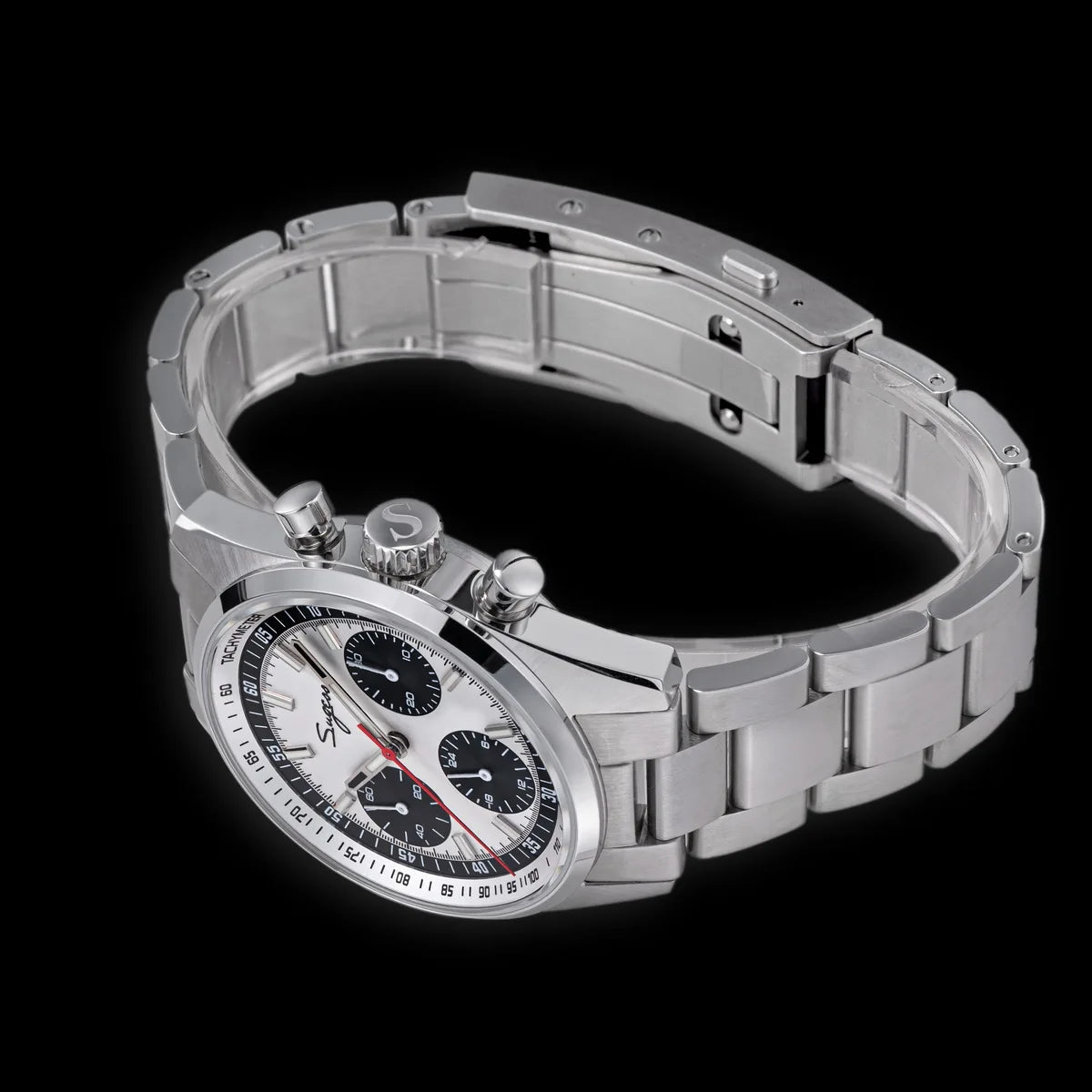 Sugess men's stainless steel chronograph watch with white dial and black subdials