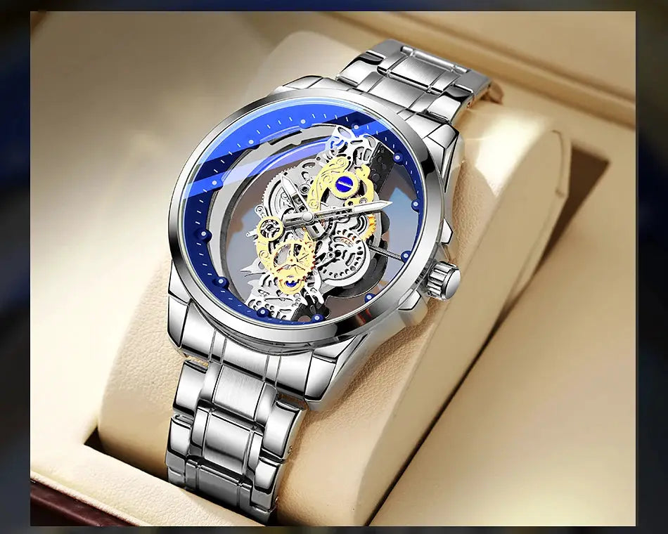 Men's skeleton automatic wristwatch with silver stainless-steel band, blue bezel, and visible gold gears.