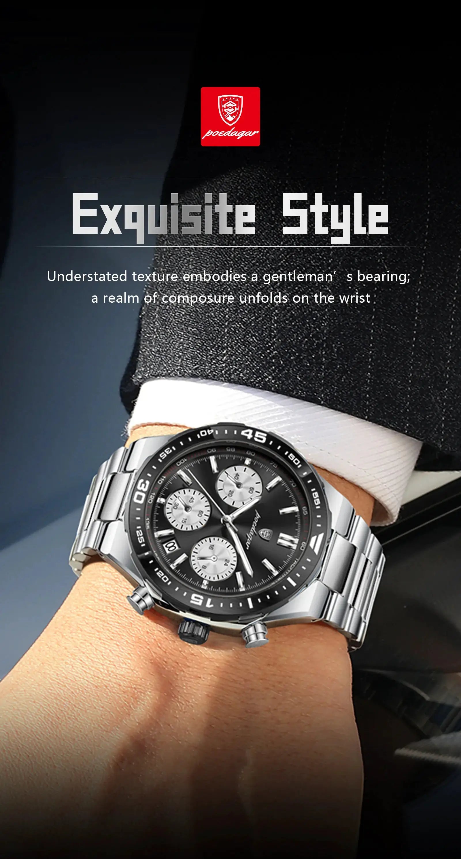 Poedagar men's stainless steel waterproof quartz chronograph wristwatch with black dial