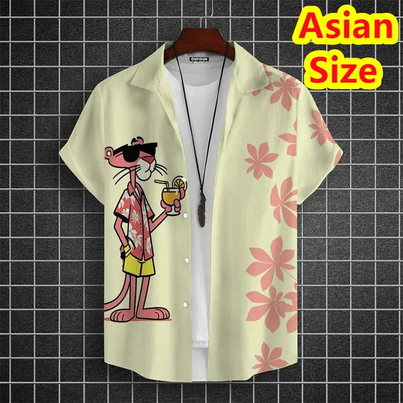 Men's short-sleeve lapel shirt in pale yellow with cartoon tiger and pink hibiscus print, Simples Market