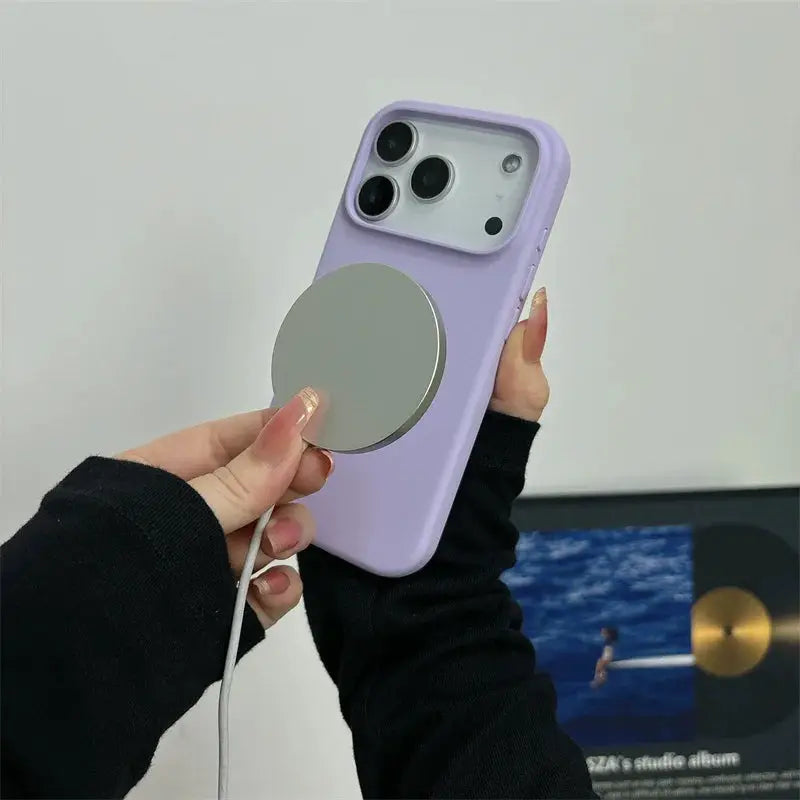 Purple magnetic liquid silicone case for iPhone 17 series with MagSafe, shockproof design, and large camera cutout