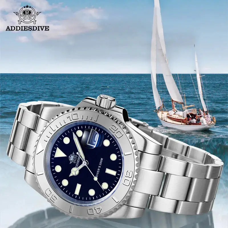 ADDIESDIVE men's quartz dive watch with blue dial, stainless steel bracelet, 200m water resistant, magnified date window