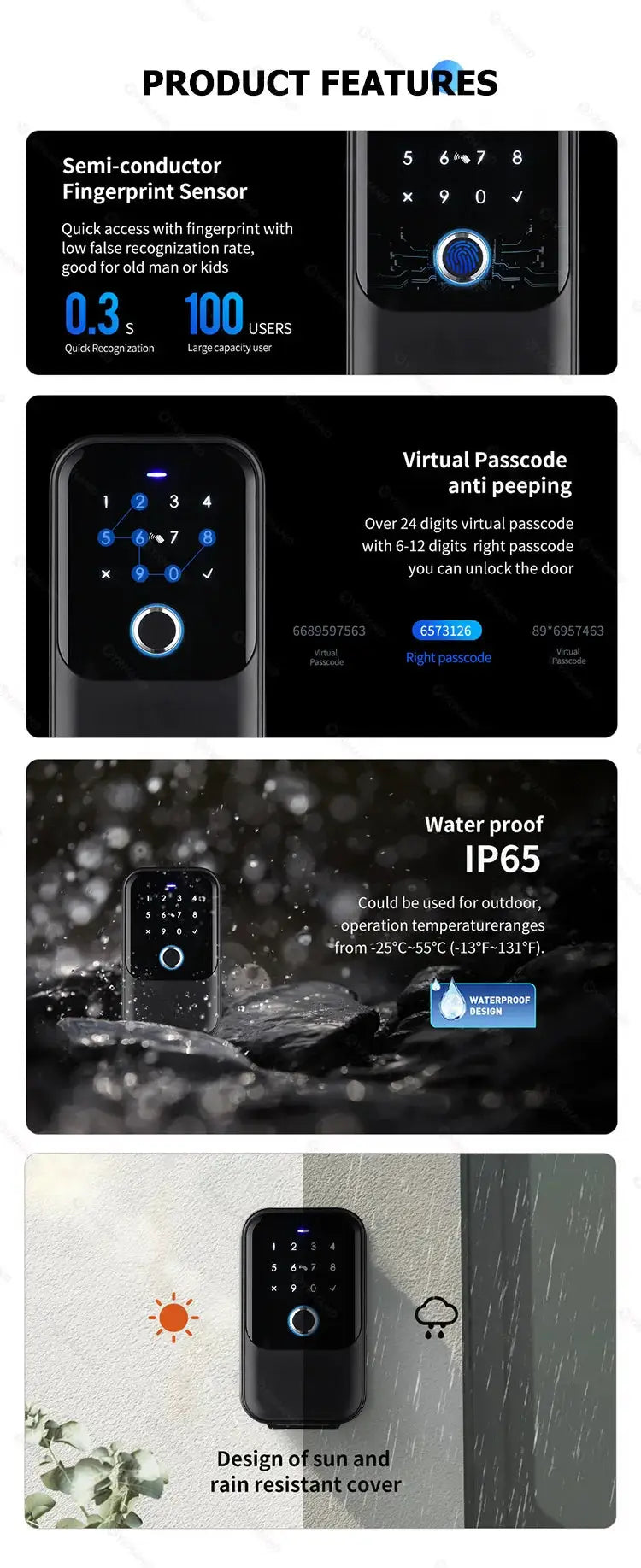 TTlock Smartkey Lock Box by Simples Market; black wireless key safe with fingerprint sensor and blue illuminated keypad