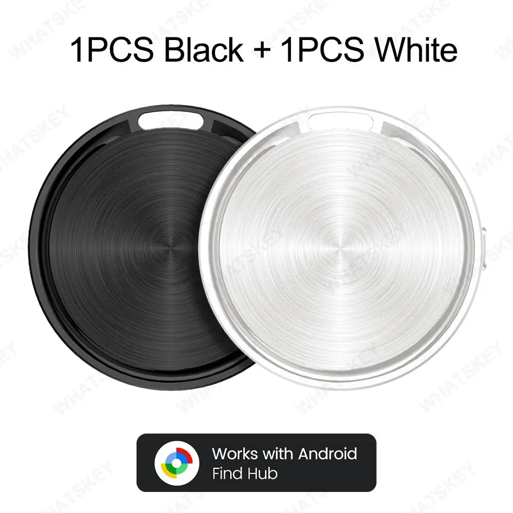Tag Work Bluetooth trackers, two round metal coins in black and white, Android Find Hub compatible