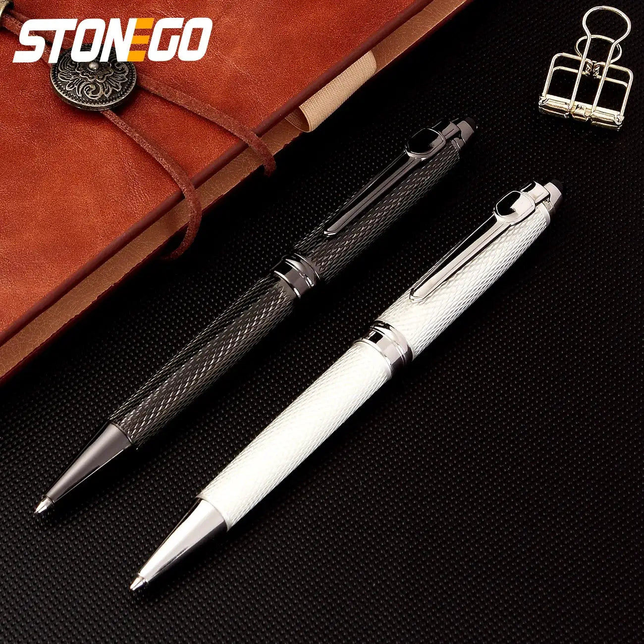 StoneGo 2-piece ballpoint pen set with textured black and white housings, silver clips, retractable smooth-writing pens