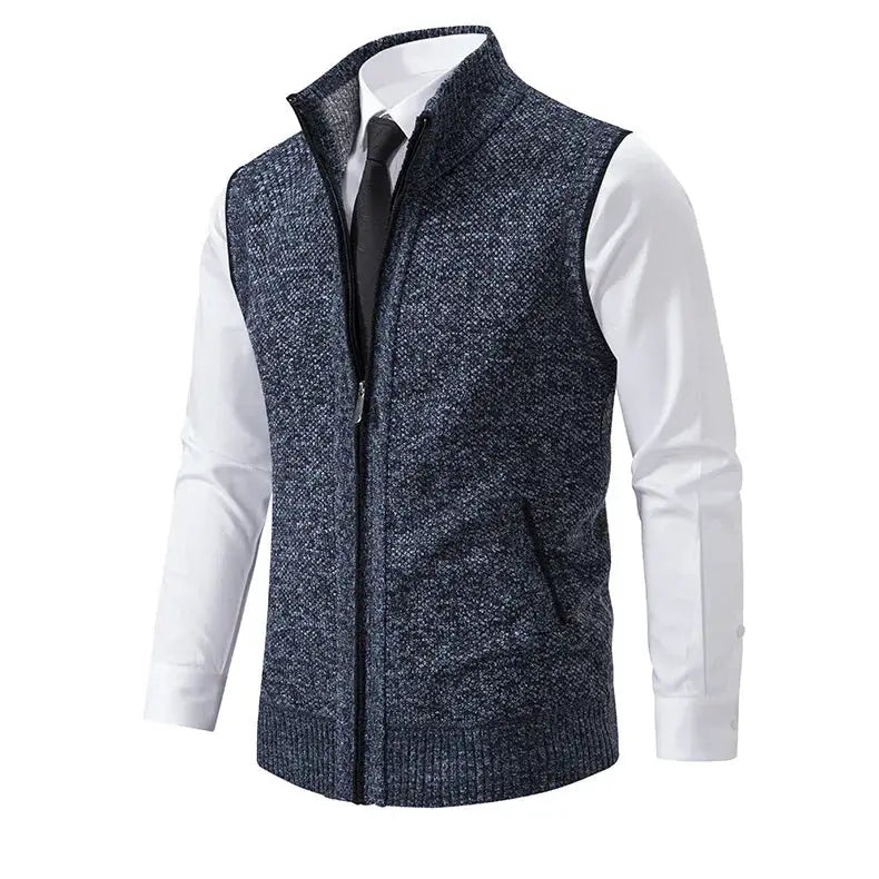 Men's navy knitted sleeveless zip-up cardigan vest, slim fit with stand collar