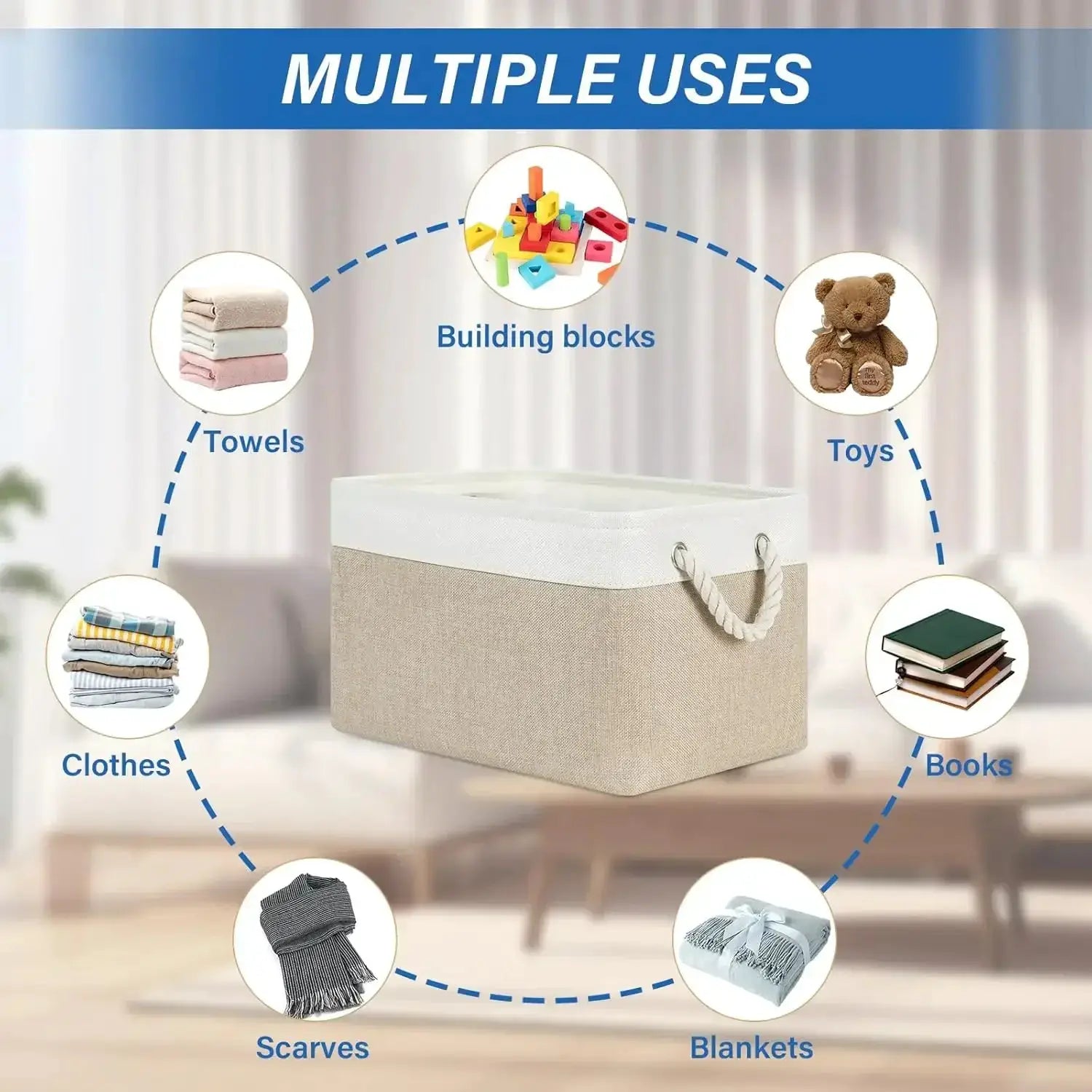 Simples Market folding linen storage basket with rope handles, beige body and white top