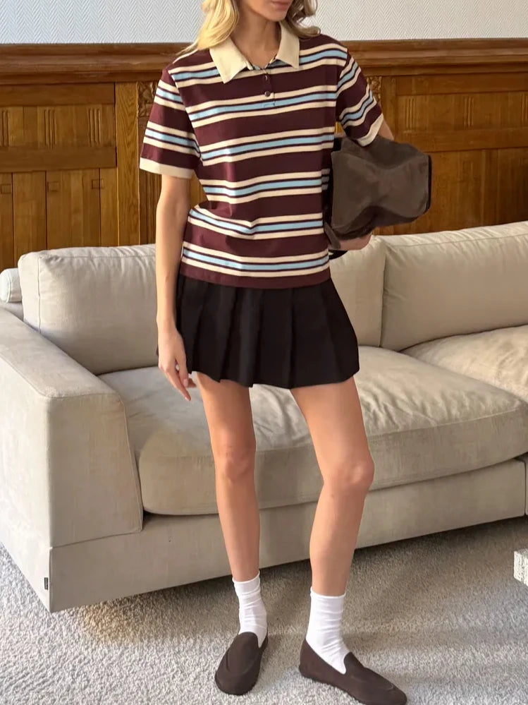 Hirsionsan Women Polo Neck T Shirt Loose Crop Top Cotton Blend Tee
