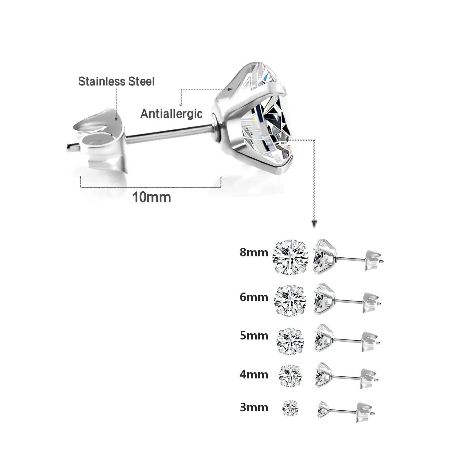 Simples Market LUXUSTEEL stainless steel crystal stud earrings, unisex 4-prong clear CZ, 1 pair (2 pcs), sizes 3–8mm