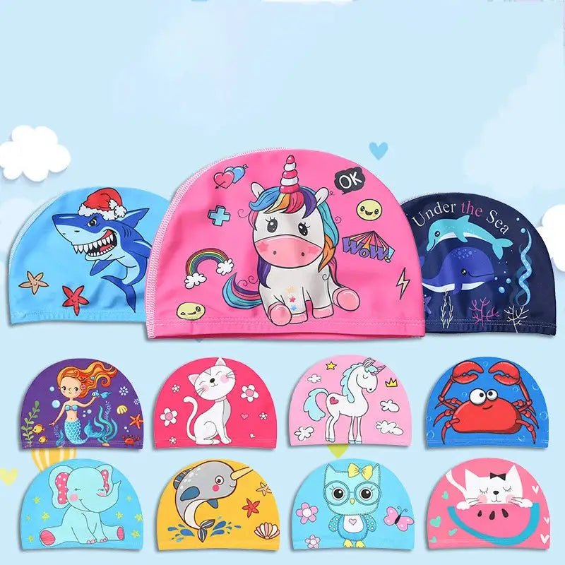 Kids Cartoon Swim Cap Elastic Fabric Pool Water Sports Ears Protection Hat Bathing Cap Boys Girls