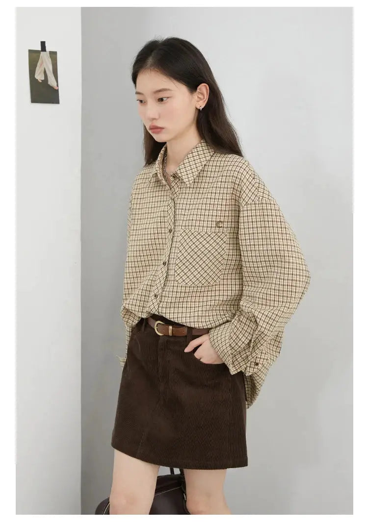 CHIC VEN Women Shirt loose beige plaid with front pocket, paired with brown corduroy skirt