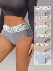 Simples Market women's high-waist cotton briefs; 6-pack with floral waistband, breathable tummy-control underwear
