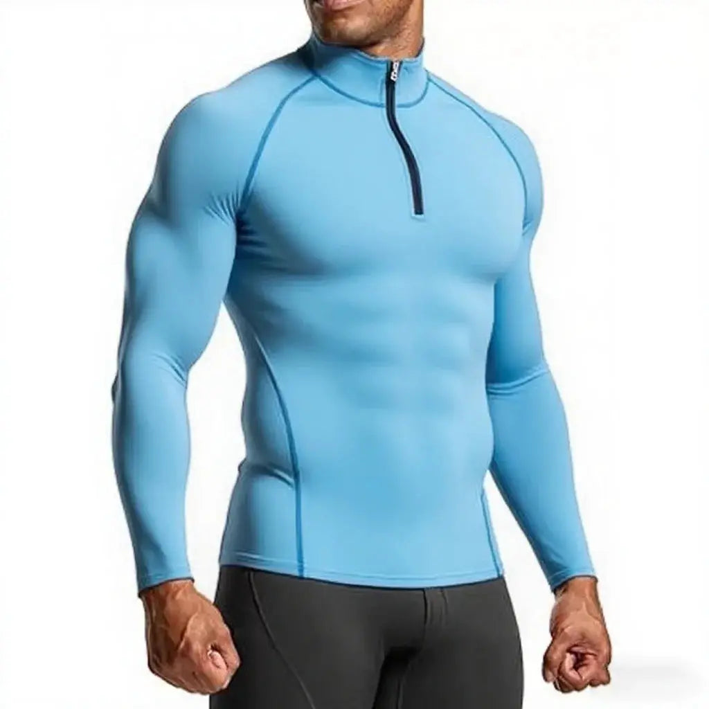 Simples Market men's light-blue long-sleeve compression athletic shirt with quarter-zip.