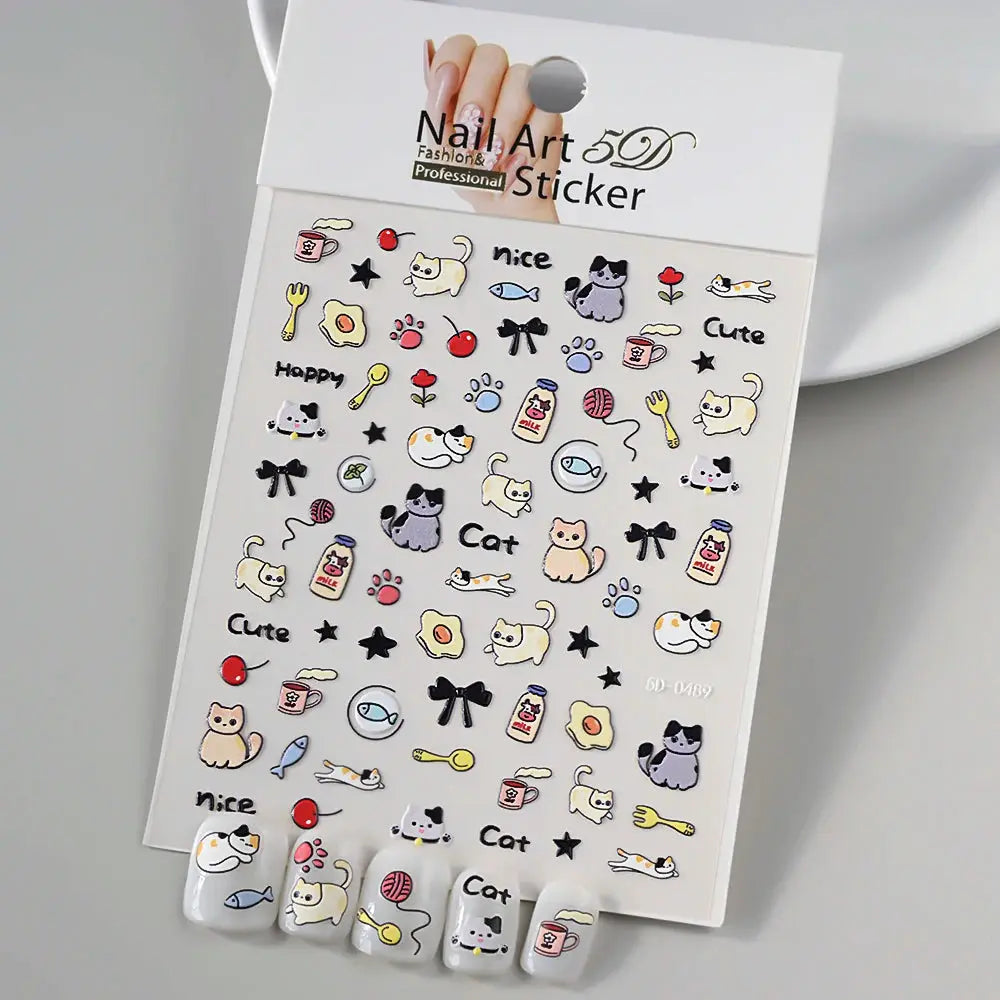 Nail art sticker sheet with 5D embossed decals showing cat, bear and rabbit icons