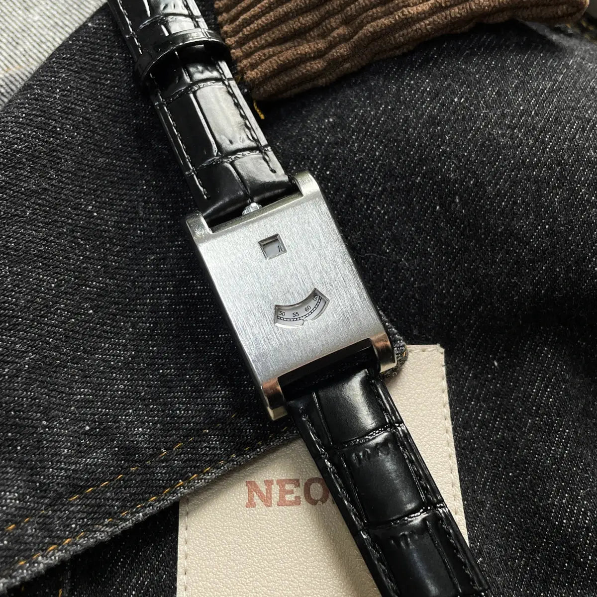 Square brushed stainless steel men's wristwatch with black leather strap and date window