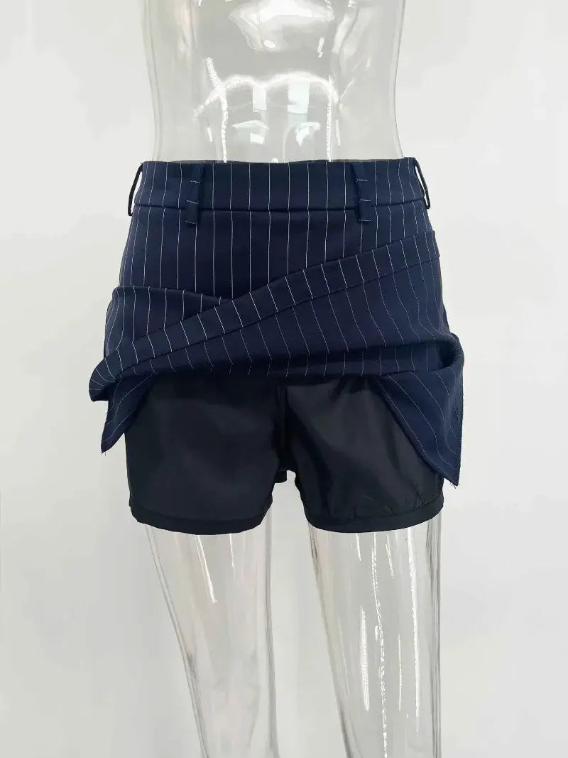 Trendix Elegant Blazer 2-Piece Set: navy pinstripe wrap-overlay shorts