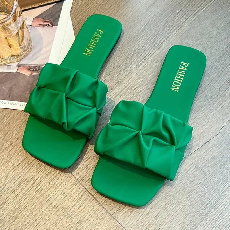 SeoulSole Pleated Korean Slippers For Women Green Summer Slip On Flats With Breathable Comfort